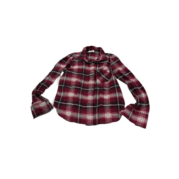 Maddie Tops - Maddie Red Plaid Flannel Button Down Shirt Lace Back Floral Embroidered Womens S